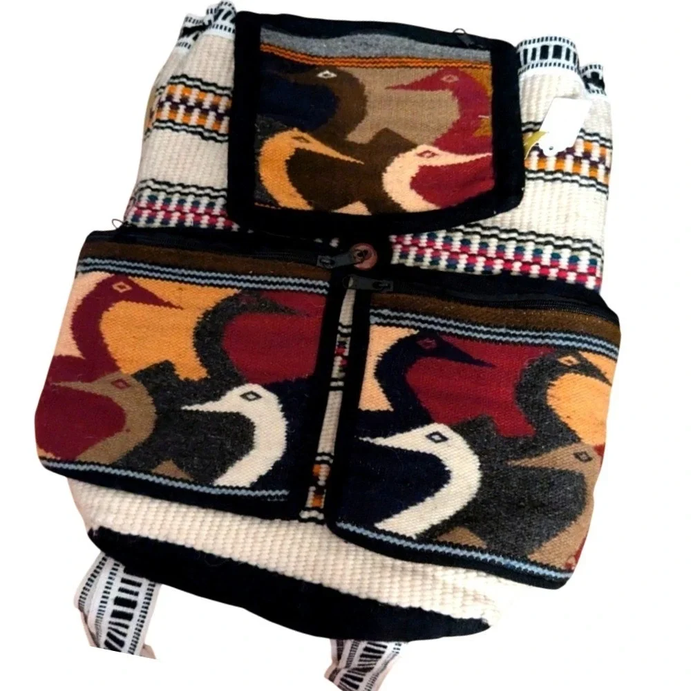Anthropology Bohemian Woven Wool Backpack Bird Pattern Tribal Ethnic Style